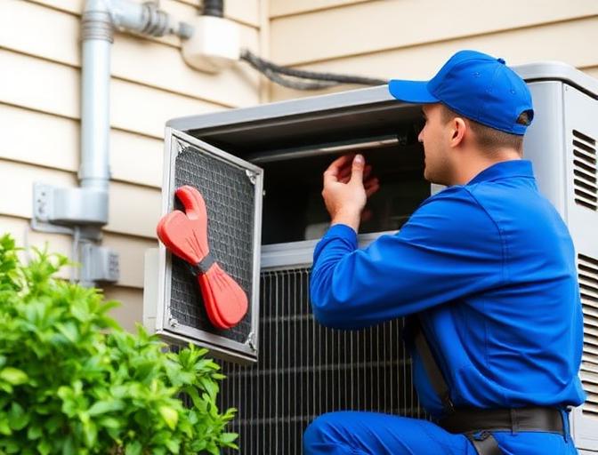Technician performing routine AC maintenance and filter check