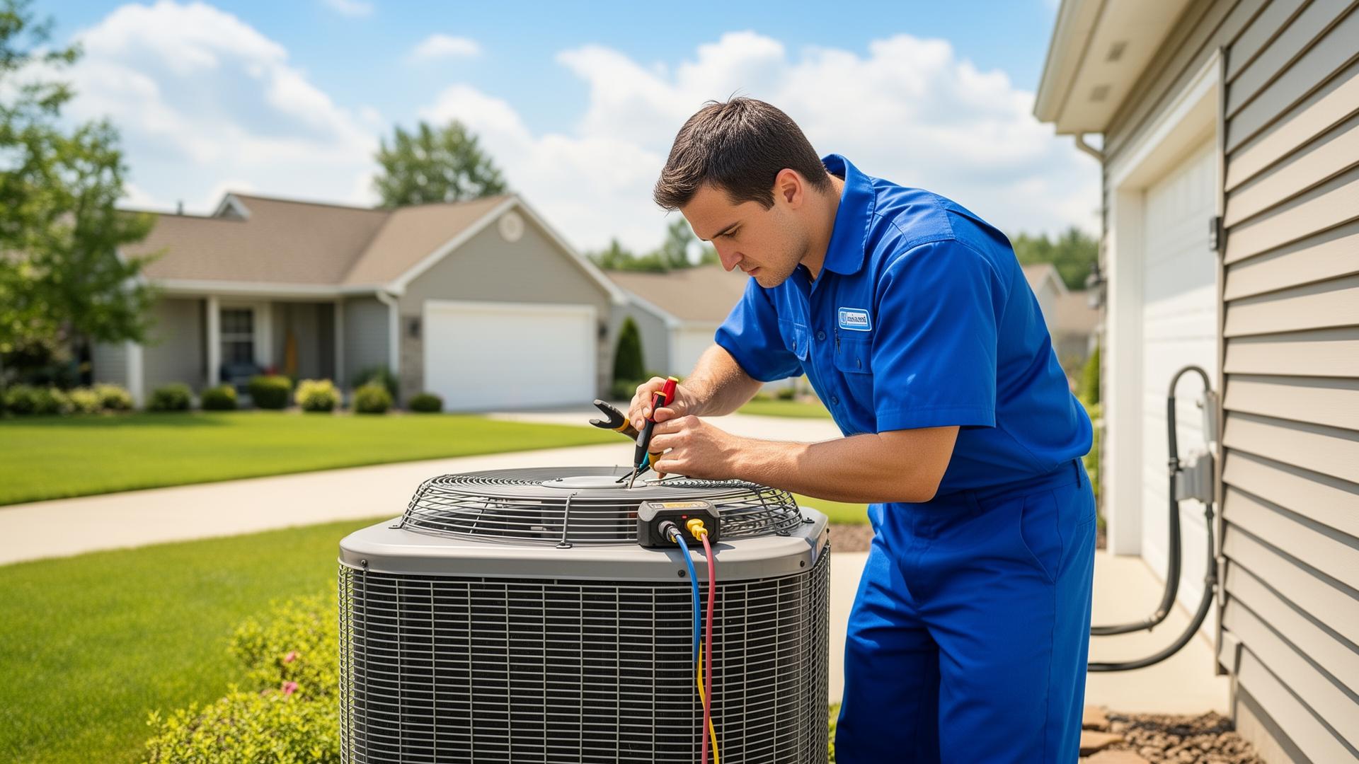 HVAC technician inspecting an outdoor air conditioning condenser unit at a residential home