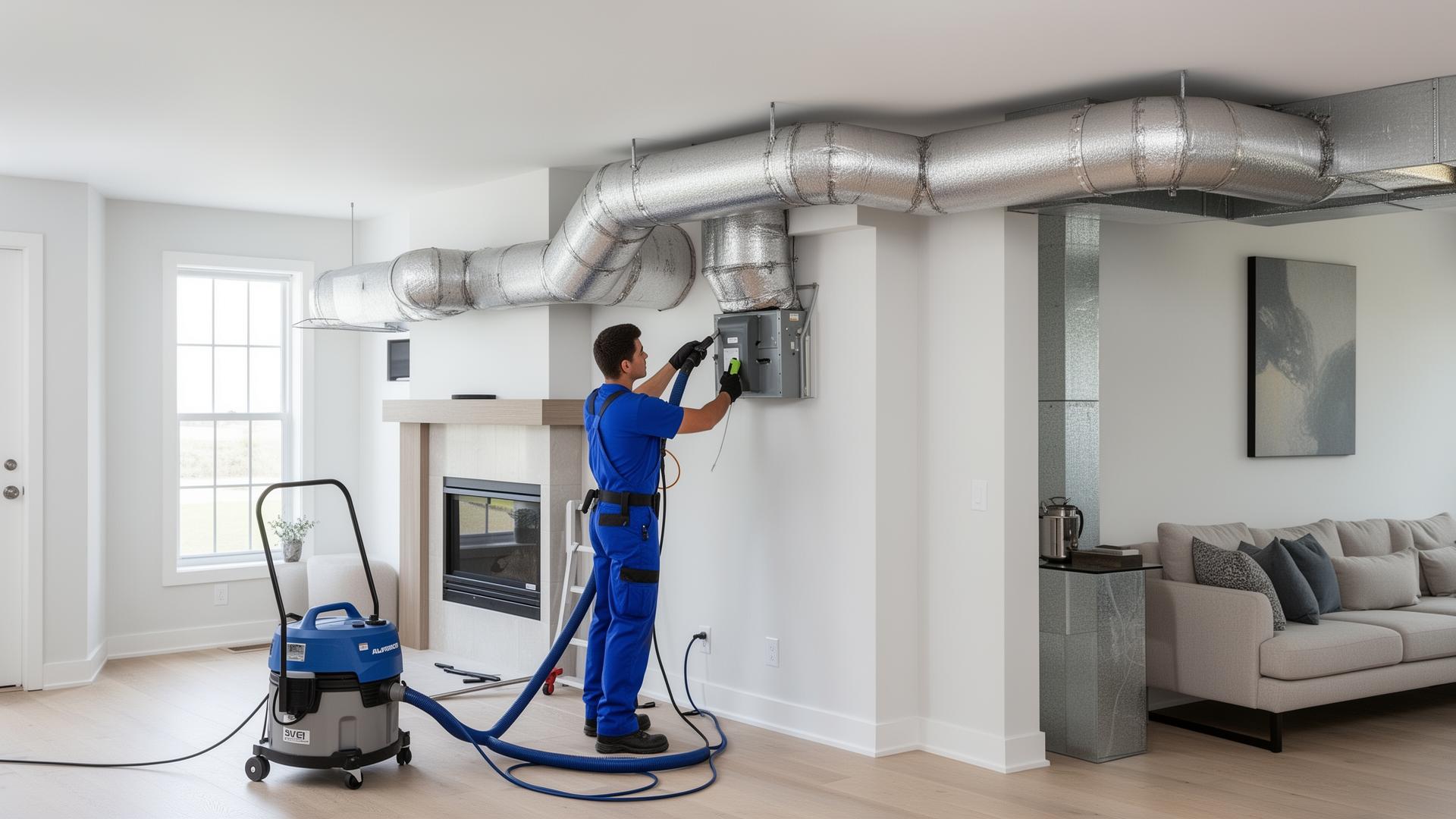 HVAC technician cleaning residential air ducts with professional equipment in a modern home