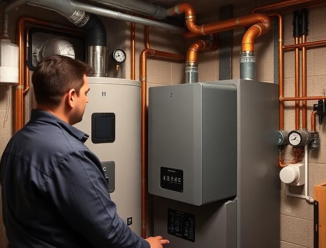 Technician servicing a residential boiler system