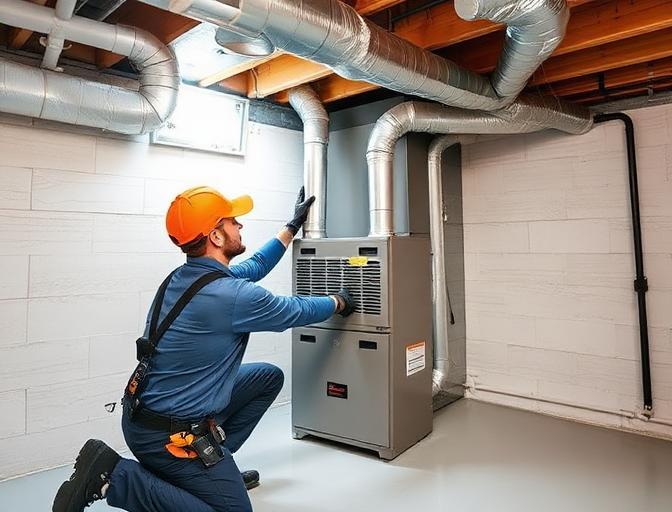 Professional installer setting up a new residential furnace
