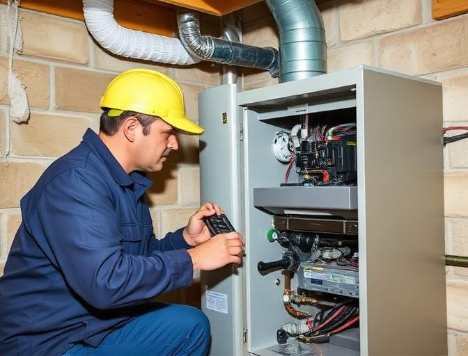 Technician repairing a residential gas furnace