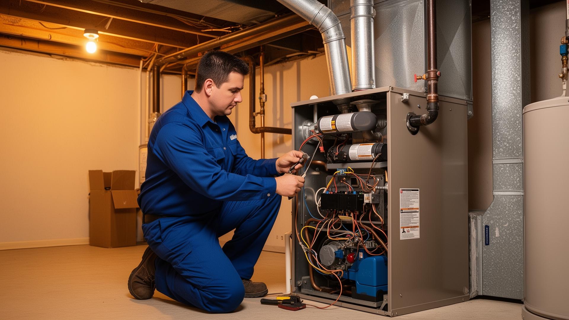 HVAC technician repairing a residential gas furnace in a basement utility room