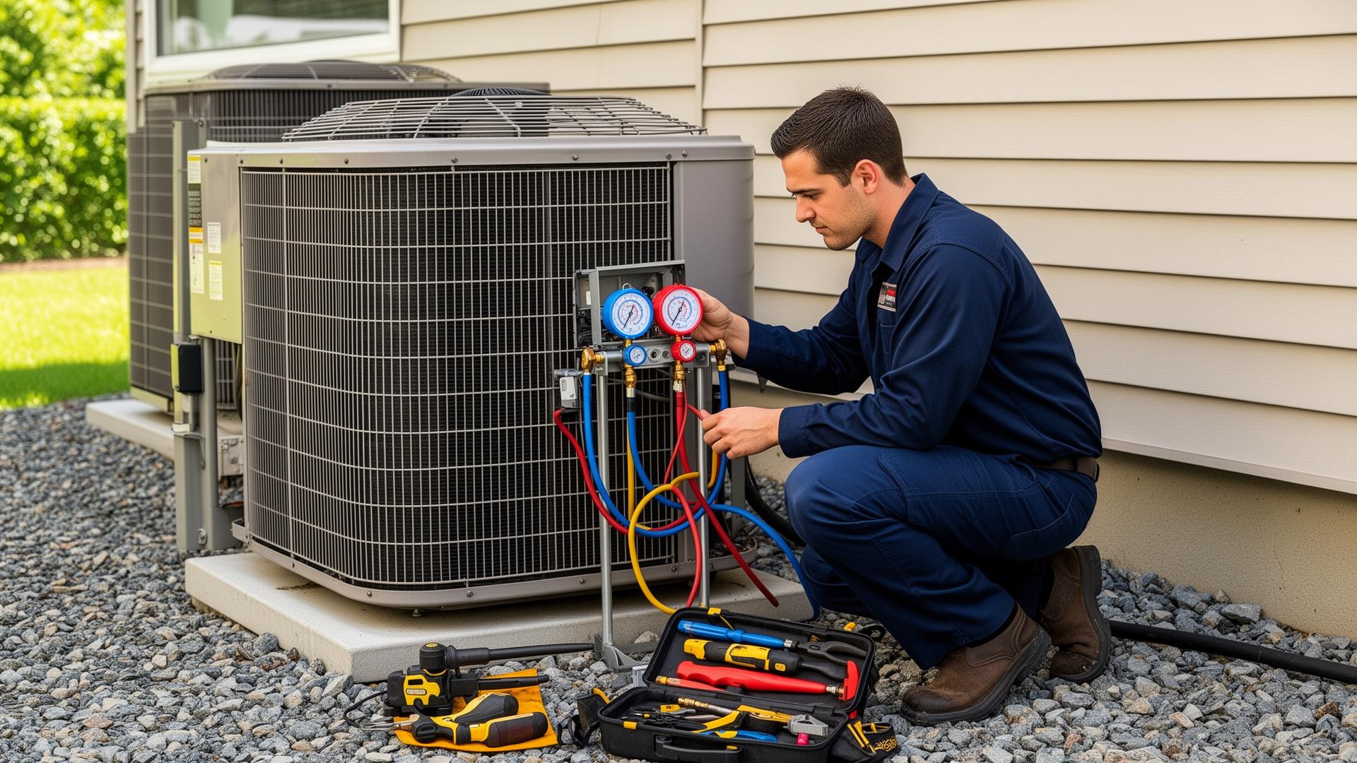 Professional HVAC technician performing Heat Pump Service at a residential home in Toledo, Ohio