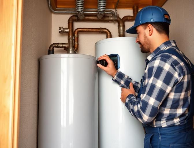 Plumber diagnosing and repairing a residential water heater