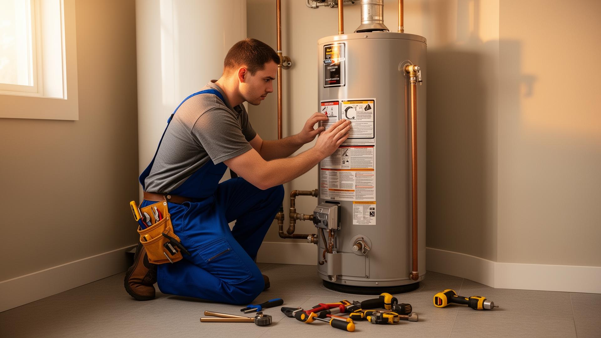 Plumber inspecting and servicing a residential water heater tank in a utility room